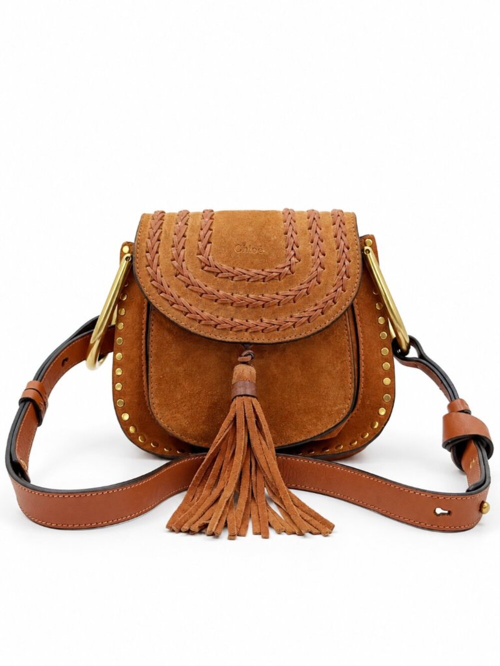 Chloe Mini Hudson Suede Leather Crossbody Bag Brown Tan Tassel Studded Authentic